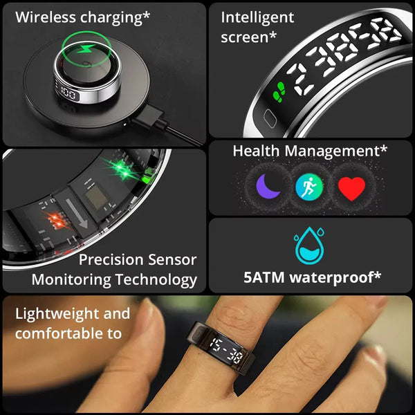 2025 R12 Smart Ring with Display Screen and Touch, Wireless Charging, Health Manager, 5 ATM Waterproof for Men Women
